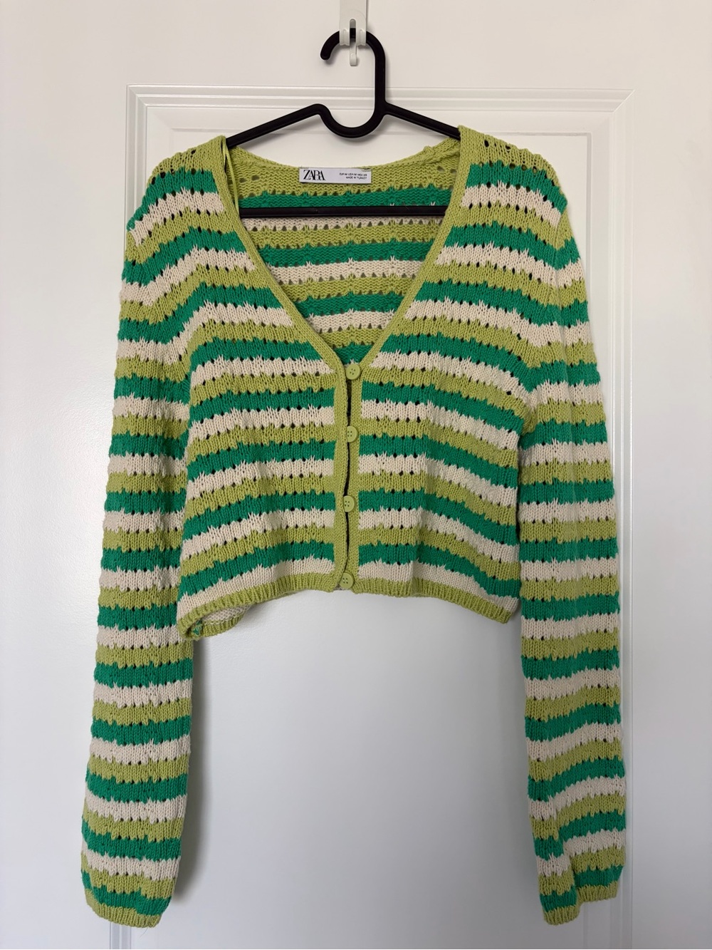 Zara Green Striped Crochet Knit Cardigan Size Medium